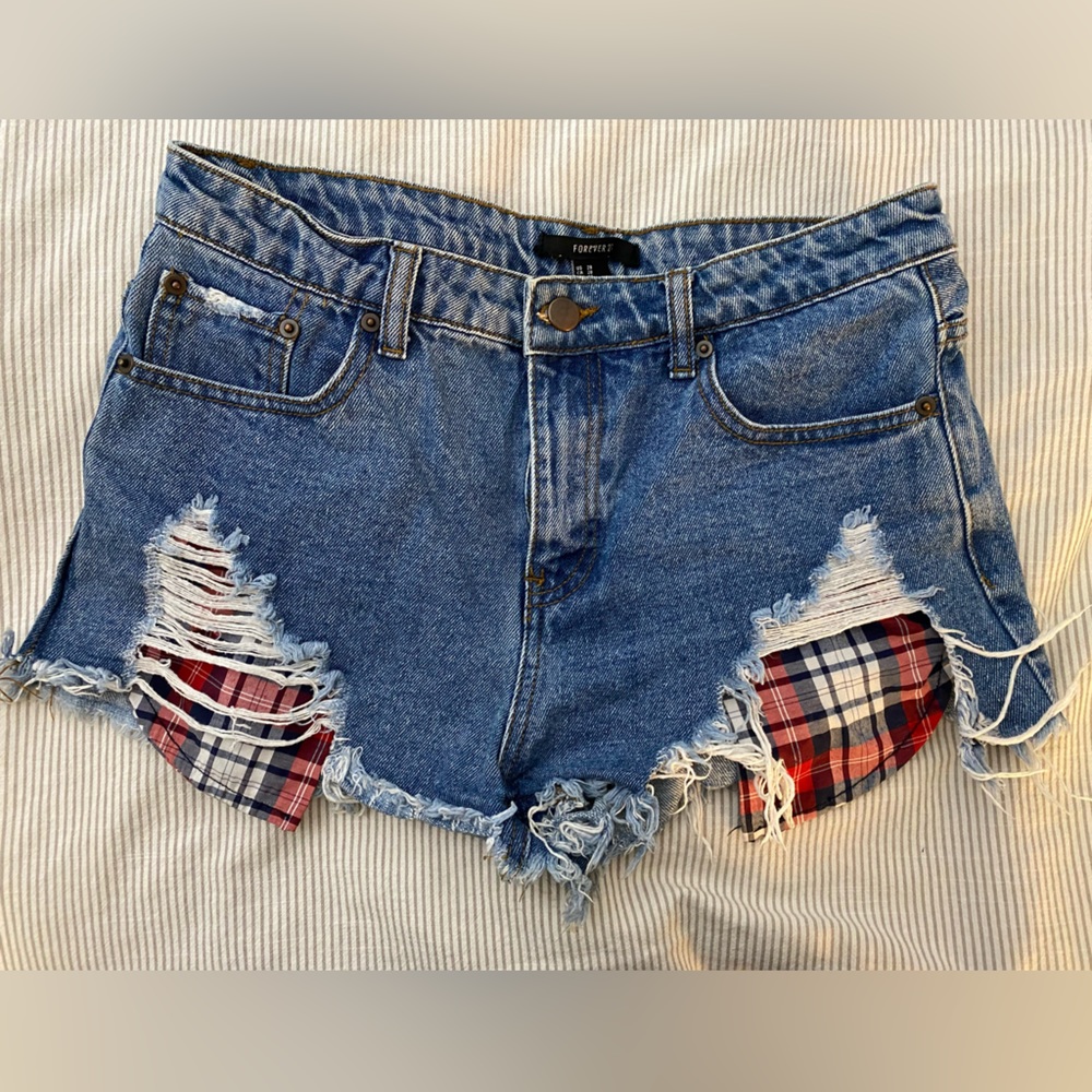 Denim short plaid pocket